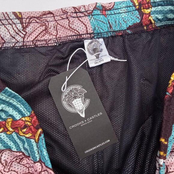 NWT Mens CROOKS & CASTLES Gym Shorts 3XL Pink Roses Turquoise Elastic Waist - Picture 11 of 14